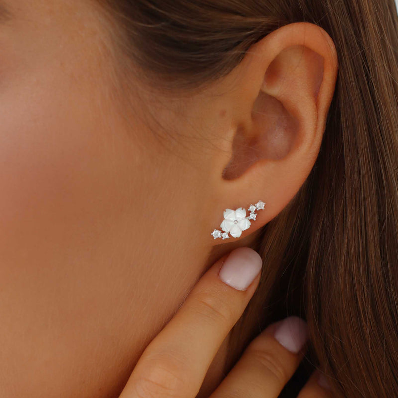 Sparkle Flower Earrings, Silver, S925