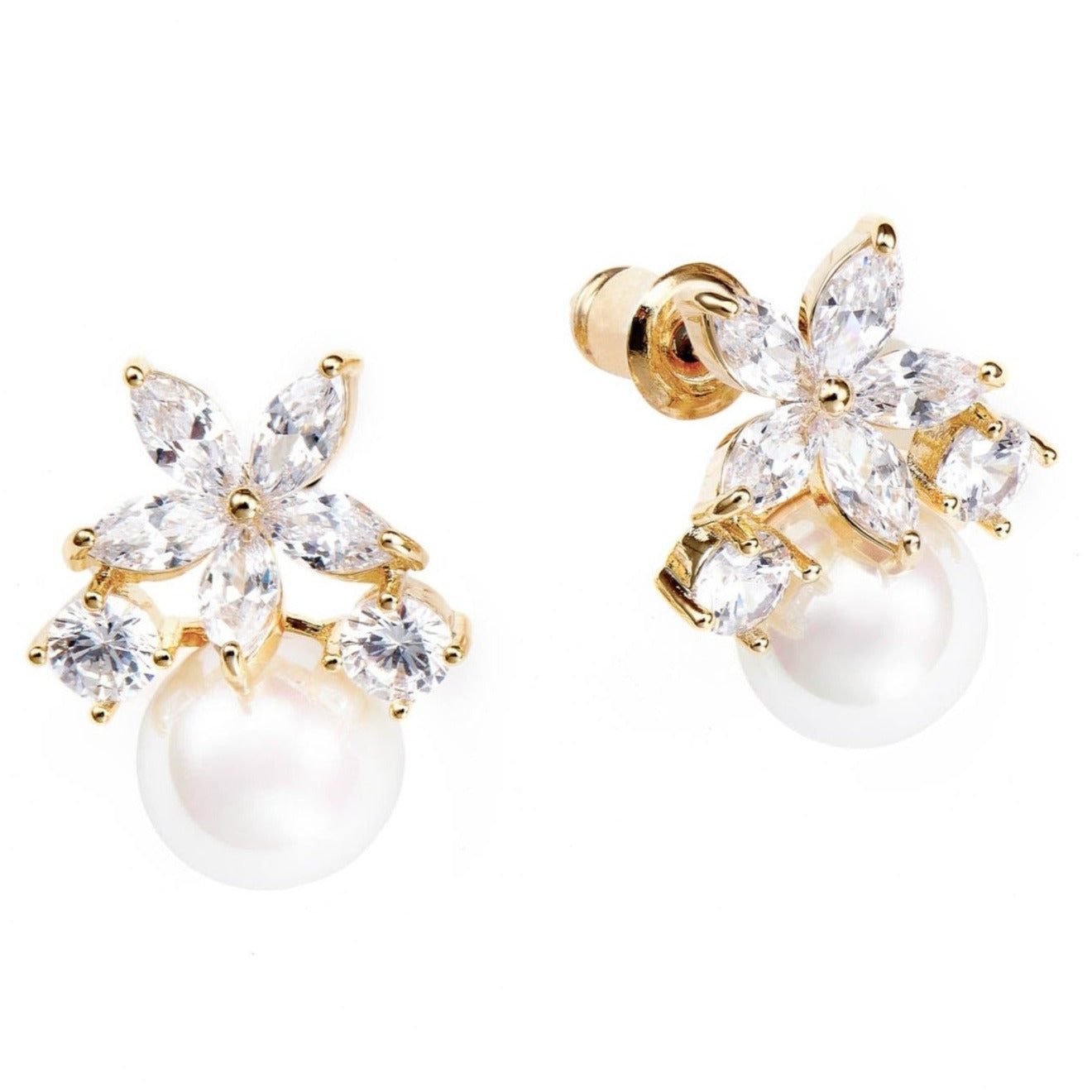 Boucles D'oreilles Femme Dorées - Pétales De Fleurs Et Perles Bleues - Fantaisie