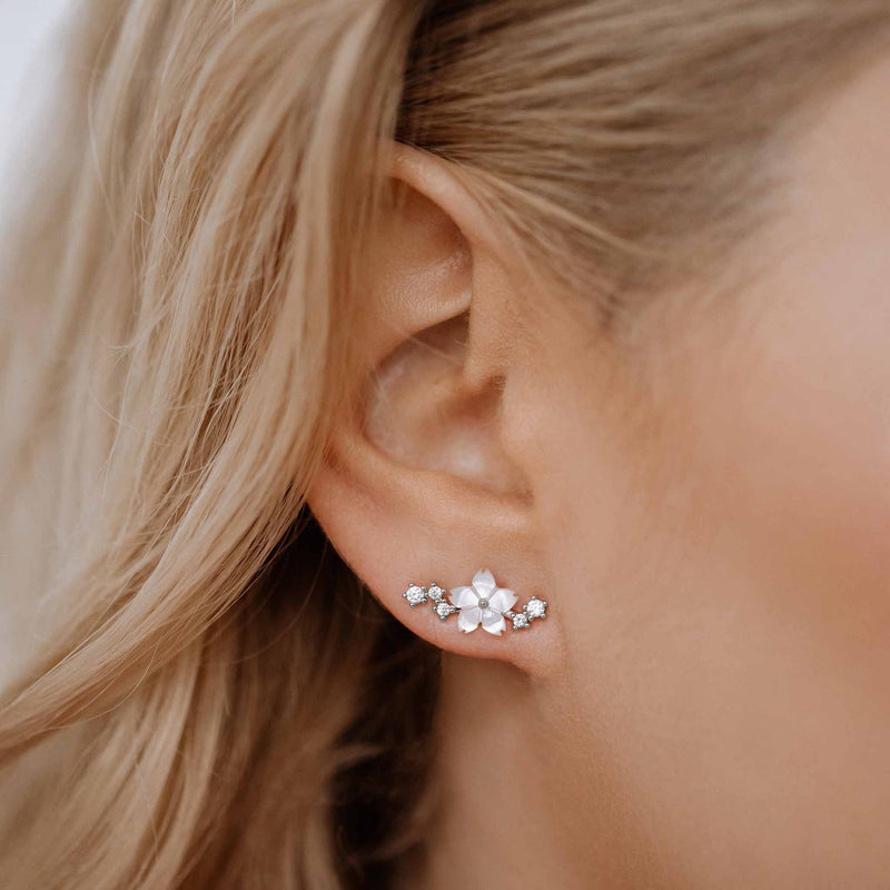 Sparkle Flower Earrings, Silver, S925