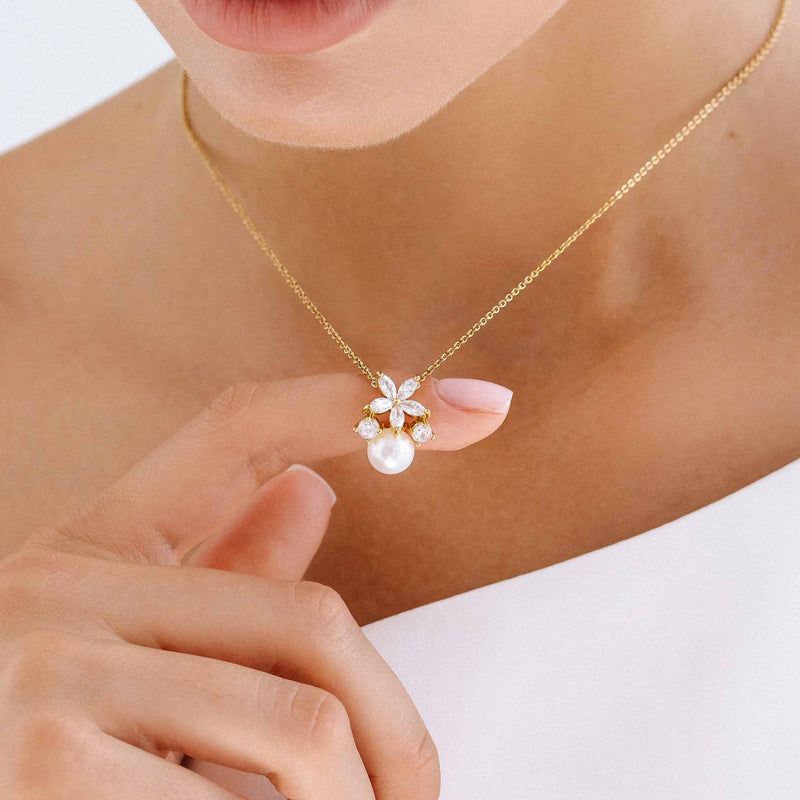 Collier Fleur avec perle, S925 plaqué or