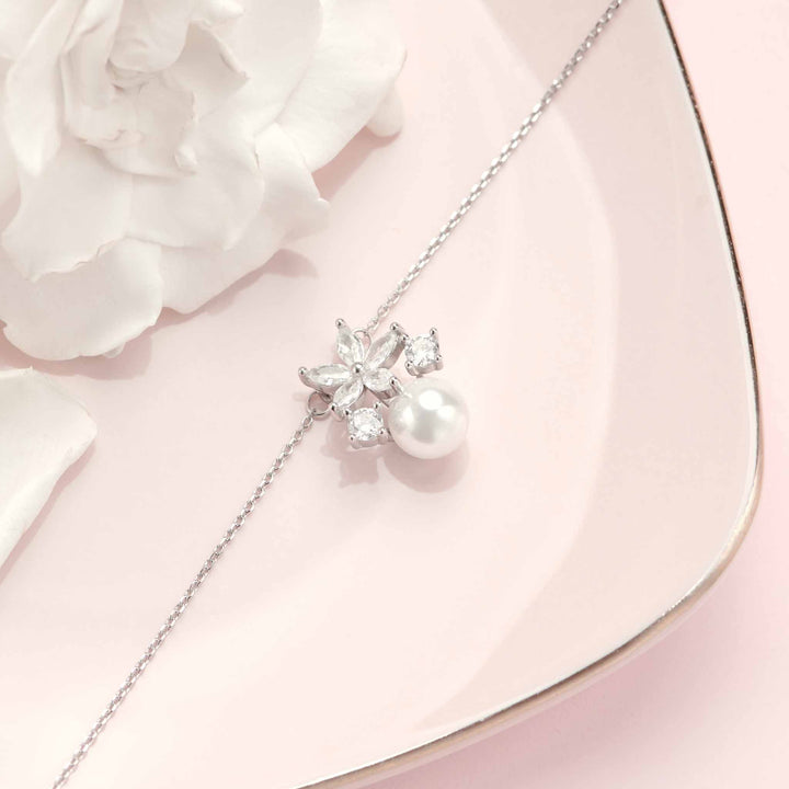 Collana fiore con perla, argento sterling S925